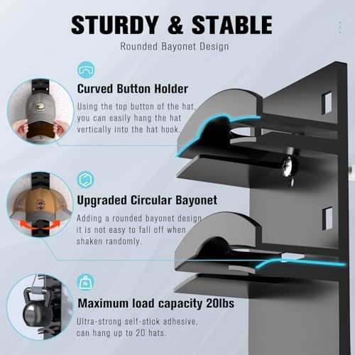 Hat Organizer for Baseball Caps, Hat Rack for Wall with Strong Adhesive Hold up to 10 Hats, Hat Hanger Holder Display for Door Closet, Cap Organizer Storage Multilayer Two Mounting Option(Black) - Image 3