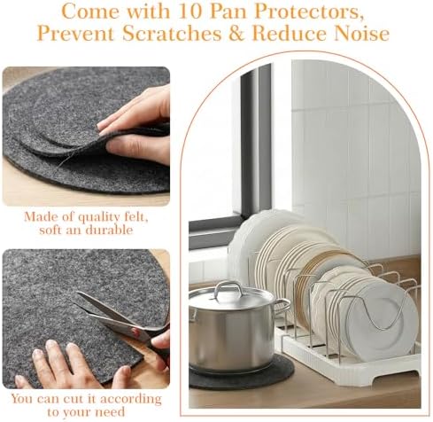 2 Pack Expandable Pots and Pans Organizer Under Cabinet, 13-22" Kitchen Cabinet Organizer with 10 Adjustable Dividers and 10Pcs Pot Protectors for Lids, Baking Sheets & Cookware (2, White) - Image 6