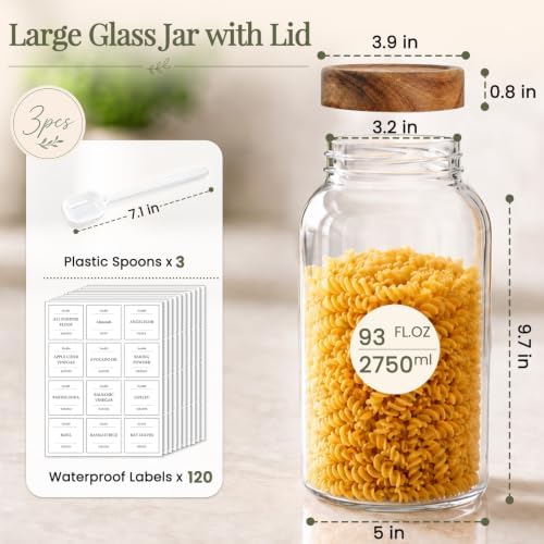 CONNOO 3Pcs-93oz Large Cereal Containers Storage with Acacia Wood Lids - Image 3