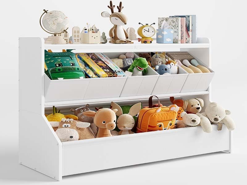 FOUCSSOMEI Extra Large Toy Storage Organizer for Kids, Wooden Toy Organizer and Storage with Bookshelf, 3 Removable Bins and Large Storage Bin, Toy Shelf for Playroom, White, Patent Design - Image 6