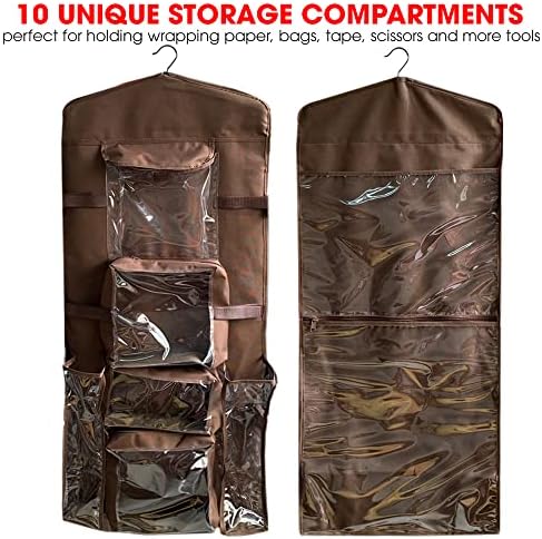 Hanging Gift Wrapping Paper Storage Organizer Bag, Double Sided Multiple Front & Back Pockets Organize Your Gift Wrap, Gift Bags Bows Ribbons 40"X17" Fits Long 40 Inch Rolls Clear PVC Bag (Brown) - Image 4