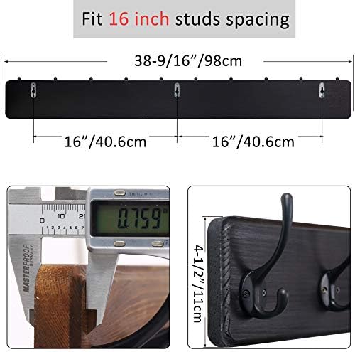 WEBI Coat Rack Wall Mount,10 Hooks,38 9/16" Long Coat Hooks Wall Mounted,16" Hole to Hole,Large Wood Coat Hanger Wall,Hook Rack for Hanging Coats,Jacket,Clothes,Hats,Black,2 Packs - Image 3