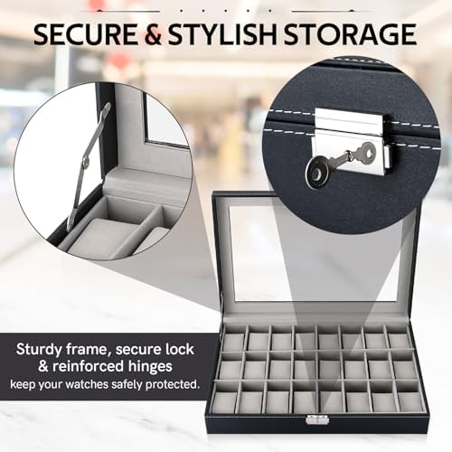 MYFULLY 24 Slot Watch Box, Lockable Watch Storage Organizer - Image 4
