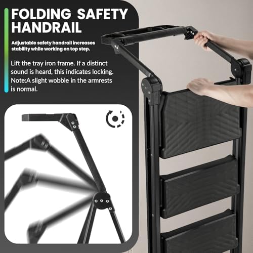 XinSunho 3 Step Stool, Heavy Duty Steel with Foldable Handrail & Tool Tray - Image 2