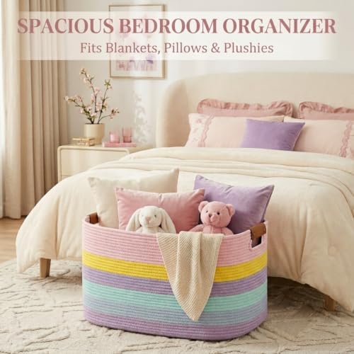 danpinera Large Laundry Basket, 108L Rectangle Woven Baskets for Storage for Living Room, Laundry, Nursery, Pillows, Baby Toy chest, Blanket Storage with Leather Handle, 25’’*16’’*16’’ Rainbow - Image 6