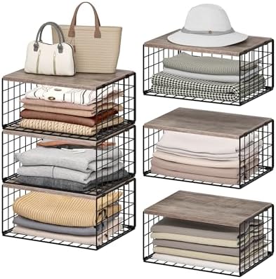 CHOEZON 3-Tier Closet Organizers and Storage, Stackable Storage Bin Baskets with Wooden Upper Surface, Closet Shelves Clothes Storage Cubes for Wardrobe and Closet Organization, Greige and Black by Choezon