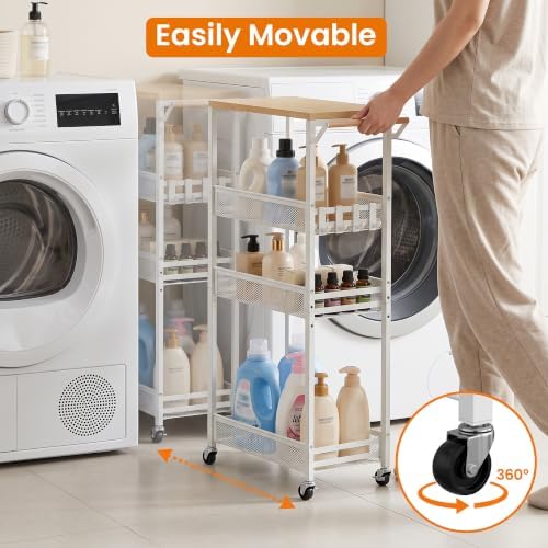 Slim Storage Cart with Adjustable Shelf, 4 Tier 9.1" Wide Narrow Rolling Utility Cart with Wooden Tabletop, Small Metal Mobile Shelf Unit Organizer Trolley for Laundry, Bathroom, Kitchen - Image 3
