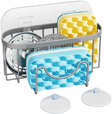 HapiRm Sponge Holder for Kitchen Sink - Sink Caddy with Unique M-Shaped, 2 Installation Methods Kitchen Organizer, Rustproof Stainless Steel Sponge Caddy - Grey by HapiRm