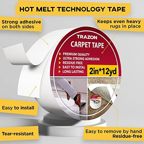 Carpet Tape Double Sided - Rug Tape Grippers for Hardwood Floors and Area Rugs - Carpet Binding Tape Strong Adhesive and Removable, Heavy Duty Stickers Grip Tape, Residue Free (2 Inch / 12 Yards) - Image 2