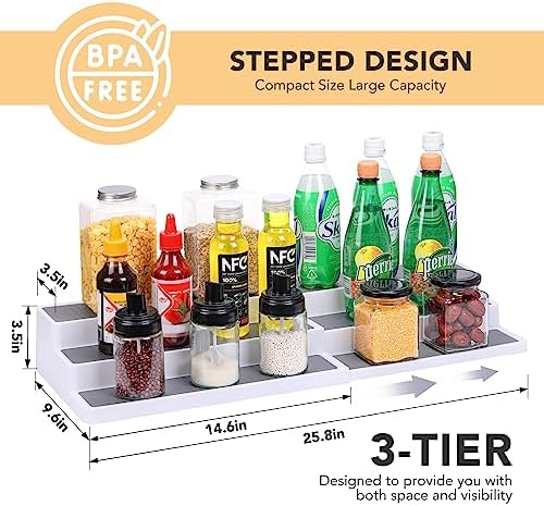 CiWiVOKi 3 Tier Expandable Spice Rack Organizer, Plastic Spice Rack, Adjustable Length 14.6In-25.8In, Non-Skid Tiered Spice Shelf Organizer for Kitchen Cabinet, Cupboard, Pantry, White/Grey - Image 2