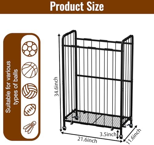 Garage Ball Storage with Wheels, Ball Sports Organizer Storage Cart, Sports Equipment Organizer, Sports Ball Rack With Elastic Rope, Garage Organization Storage Rack, Ball Holder, Black - Image 5