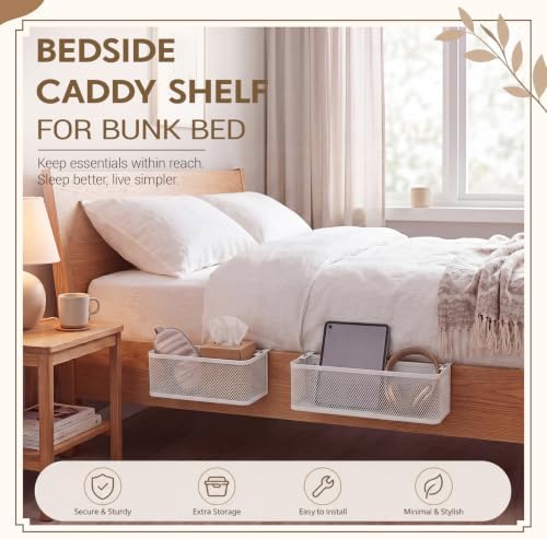 Junkin 2 Pcs 2 Size Metal Mesh Bunk Bed Shelf, Bedside Storage Caddy,White - Image 4