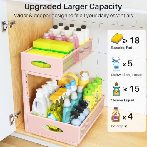 Under Sink Organizer, 2 Pack 2 Tier Pull Out Under Cabinet Organizer Shelf with Pad for Framed Cabinets, Metal Slide Out Under Sink Storage, Mesh Sliding Drawers for Kitchen Bathroom Laundry, Pink - Image 3