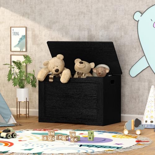 usikey 29.5” Storage Chest, Toy Box with Safety Hinge & Gel Bumpers, Toy Chest, Lift Top Storage Trunk, Supports 220 lb, for Living Room, Bedroom, Entryway, Black - Image 2