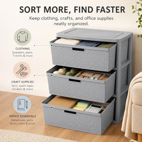 Wide 3-Drawer Plastic Storage Tower, Decorative Organizer Chest, Gray - Image 4