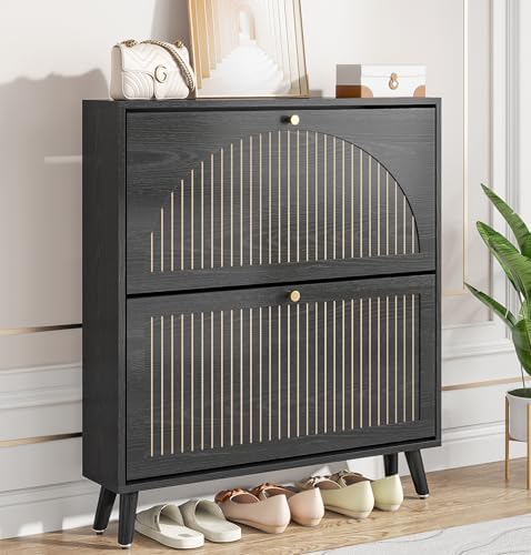 Fsbecl Shoe Storage Cabinet for Entryway with 2 Fluted Flip Drawers, Black by Fsbecl