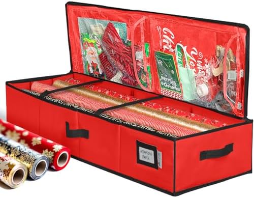 HOLDN’ STORAGE Premium Wrapping Paper Storage Container - Durable 600D Tear-Proof, Fits 27 Rolls Gift Wrap, Extra Pockets for Ribbons & Bows, Underbed Storage - Ideal for Holiday Christmas, Red by HOLDN%E2%80%99STORAGE