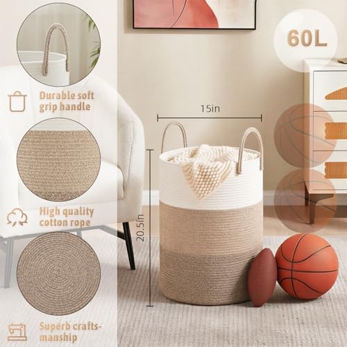 Artfeel Laundry Basket,Woven Cotton Rope Laundry Hamper,60L for Decorative Storage of Dirty Clothes,Toys and Blankets in Bathroom,Bedroom and Living Room - Image 6