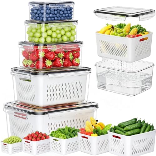 5-Pack Large Fruit Storage Containers for Fridge,Removable Colander, Leakproof Food Storage Container, Fridge Organizer Bin, Keep Vegetable Berry Meat Salad Fresh, Dishwasher Safe by WDong