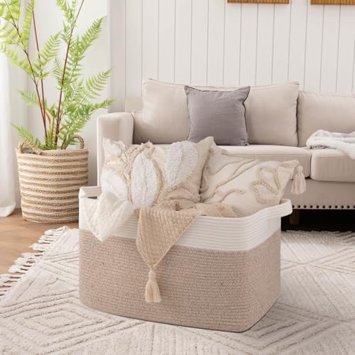 OIAHOMY Extra Large Blanket Basket, 95L Cotton Rope Woven Laundry Basket, Toy Bin for Baby Room, Container for Blanket Storage in Living Room, 24''×17''×14'', Brown & White - Image 2