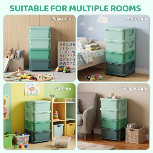 Qaba 4 Drawers Kids Storage Unit 4 Tier Toy Organizers Green - Image 6