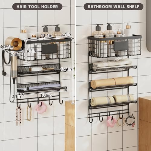 Magheo Hair Dryer Holder Wall Mounted, Adheisve Hair Tool Organizer for hair Brush/Appliance Wall Mount with 4 Tier Shelf Basket Hooks Blow Dryer and Straightener Holder for Bathroom(Black) - Image 6