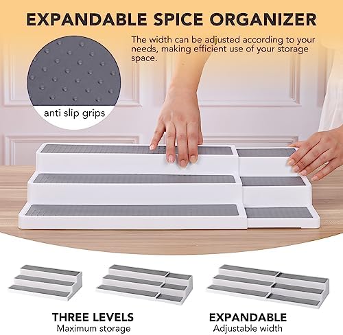 CiWiVOKi 3 Tier Expandable Spice Rack Organizer, Plastic Spice Rack, Adjustable Length 14.6In-25.8In, Non-Skid Tiered Spice Shelf Organizer for Kitchen Cabinet, Cupboard, Pantry, White/Grey - Image 3
