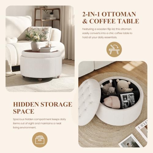 25" Round Ottoman with Storage, Small Coffee Table with Reversible Tray Lid - Image 5