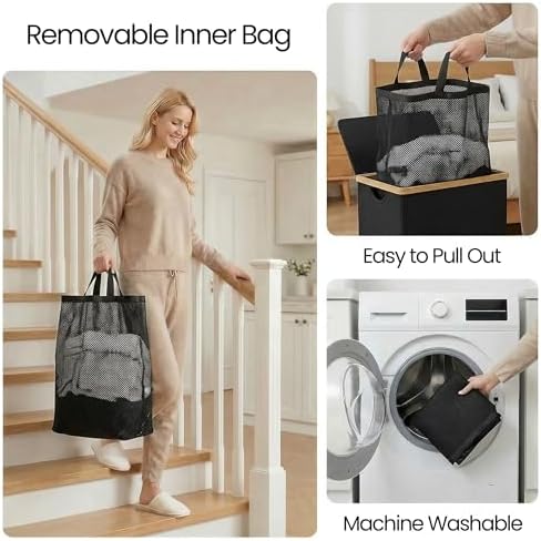 efluky Slim Laundry Hamper with Lid and Removable Bag, 90L Black - Image 5