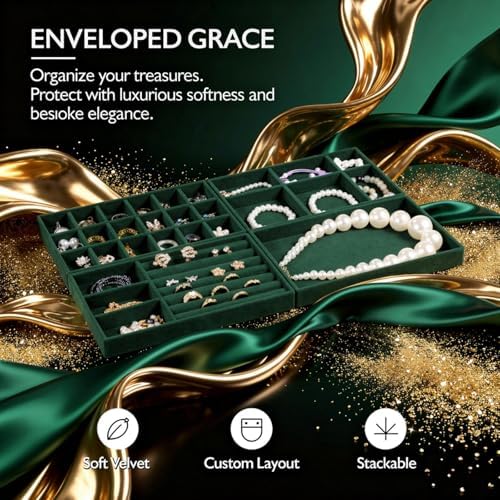 8 Pcs Jewelry Drawer Organizers, Velvet Jewelry Trays for Drawer, Stackable Jewelry Trays, Ideal for Rings, Earrings, Bracelets, Necklaces, Green - Image 4