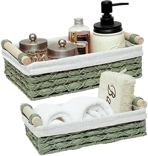 Storage Basket Wicker Baskets for Organizing with Handle Decorative Storage Bins for Countertop Toilet Paper Storage Basket for Toilet Tank Top Small Baskets Set (Set of 2,Green) by Unknown