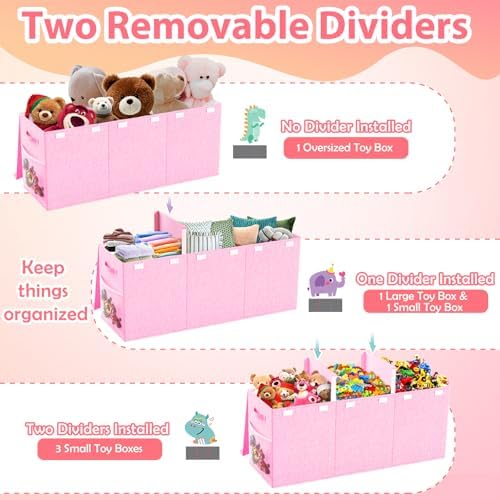 Large Toy Storage Box with Lid & Dividers, Collapsible Kids Toy Chest, Pink - Image 3