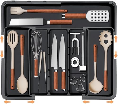 Spaclear Large Utensil Drawer Organizer Expandable Silverware Organizer for Kitchen Drawer Adjustable Cooking Utensil Holder Cutlery Flatware Tray Spatula Tools Gadgets Storage Dividers Plastic Black by Spaclear