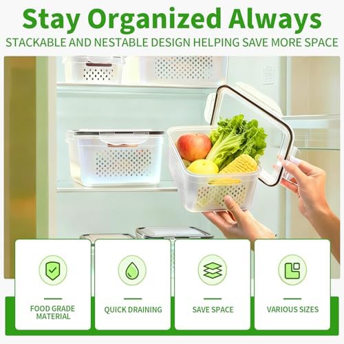 PRAKI Fruit Storage Containers for Fridge with Removable Colander, 5-Pack - Image 6