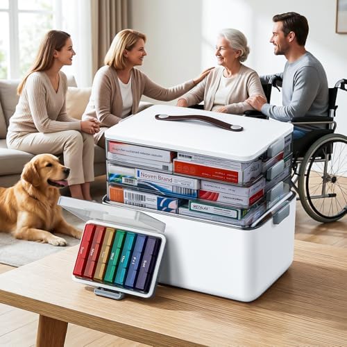 MOPUP 4-Tier Medicine Craft,Sewing,Art,Organizer Storage,Portable Latch Bin with Lid and Leather Handle,Pill Bottle, First Aid,Comes with a 7-Day Pill Organizer,A Household Essential - Image 2