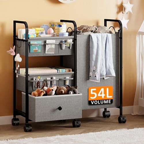 Cidaziya 2In1 Baby Diaper Caddy Organizer with Laundry Hamper, 3 Tier Rolling Cart with Dividers and Drawers, Upgrade Diaper Cart Utility Cart Clothes Organizer for Baby Essentials, New Mom, Nursery by Cidaziya