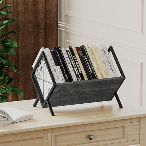 YINMIT Vinyl Record Holder, 80-100 LP Vinyl Record Storage Rack, Quick Assembly Vinyl Record Display, Retro Style Organizer for Magazine, Book, Files, Albums (Grey, 1 Tier) - Image 4