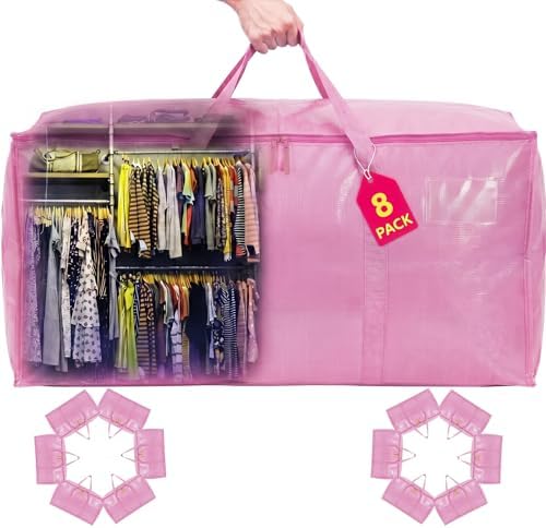 Wide-Top-Opening Moving Bags Heavy Duty,Extra Large Moving Bags for Travel/College Packing/Storage/Organization/Seasonal Clothes & Bedding Storage,Moving Supplies Bins (Pink,8Pcs) by Unknown