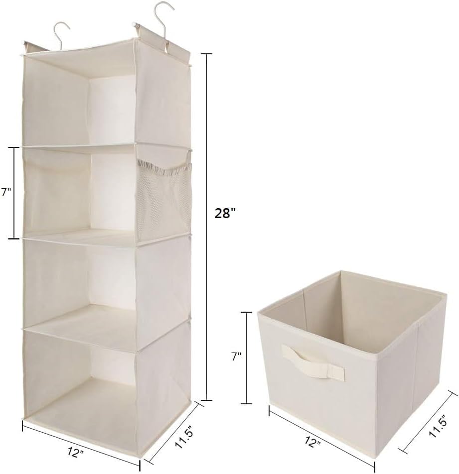MAX Houser 4-Shelf Hanging Closet Organizer, Space Saver, Cloth Hanging Shelves with 2 Side Pockets, Foldable (Beige) - Image 3