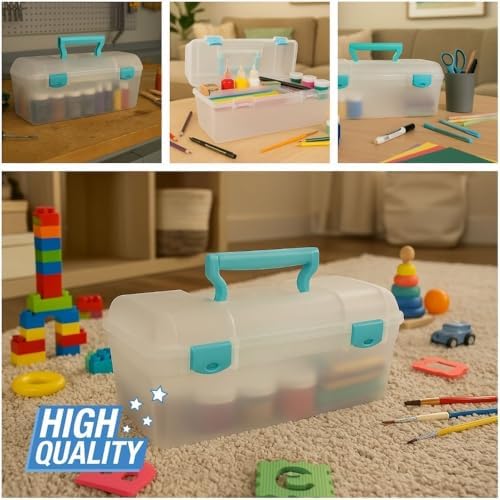 ArtBin 6937AG Essentials Lift-Out Tray Box, Portable Art & Craft Organizer with Handle and Tray, Clear/Aqua, Pack of 6 - Image 5