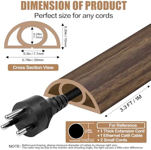 Floor Cord Cover Self Adhesive Cord Hider,3.3FT Cable Management, Extension Strip Protector for Wires, Prevent Cable Trips for Offices, Gyms, Exhibitions Cavity:0.3"(W) x 0.28"(H) Wood Walnut - Image 2