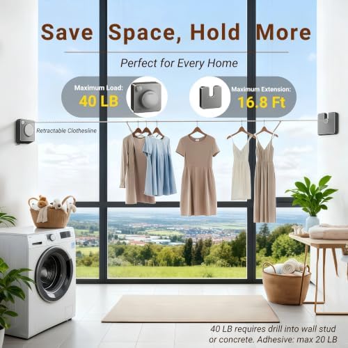 Retractable Clothesline, 16.8 FT Indoor Wall Mounted Laundry Line - Image 2