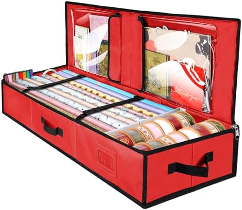 BALEINE Wrapping Paper Storage Organizer, 40" Durable 600D Oxford Fabric Gift Wrap Storage Bag with Flexible Partitions for Ribbon, Holiday Accessories (Red) by BALEINE