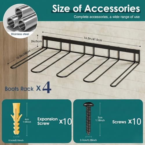 zacurter Wall Mount Boot Rack Metal Wader Hangers for Tall Boots, 8 Pair Boot Storage Organizer for Entryway Garage, Heavy Duty Cowboy Boot Holder for Rain Work Shoes, Outdoor & Indoor Use(4 Pack) - Image 4
