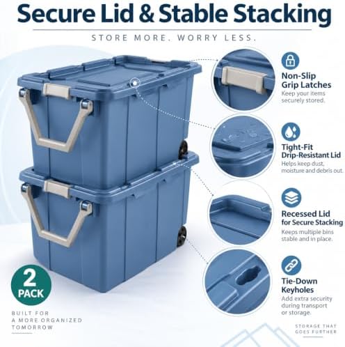 2-Pack 40 Gal Wheeled Storage Bins, Latching Lid & Pull Handle, Blue - Image 6