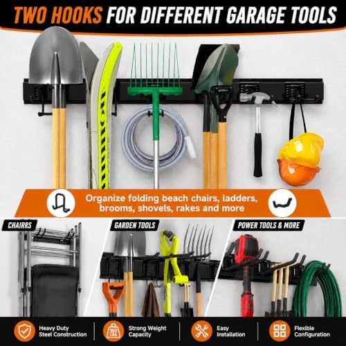Garage Tool Organizer Wall Mount, Heavy Duty 48 Inch Garage Storage System with Adjustable Hooks, Garden Tool Rack for Shovel Rake Broom Snowboard Shed Organization - Image 2