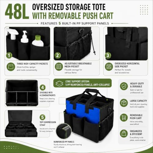 Cleaning Tools Cleaning Caddy with Wheels and Cleaning Apron, Large Rolling Cleaning Caddy Bag with Detachable Trolley, 6PCS Crevice Cleaning Brush Set, Adjustable Shoulder Strap & Multiple Pockets - Image 3