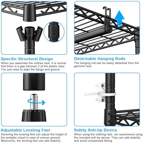 Ulif E10 Clothes Rack（With Stretchable Hanger Rod）Freestanding Clothing Racks for Hanging Clothes，Adjustable Closet Organizer System，Portable Garment Rack 73-97"W x 15" D x 72" H，Max Load 800LBS，Black - Image 5