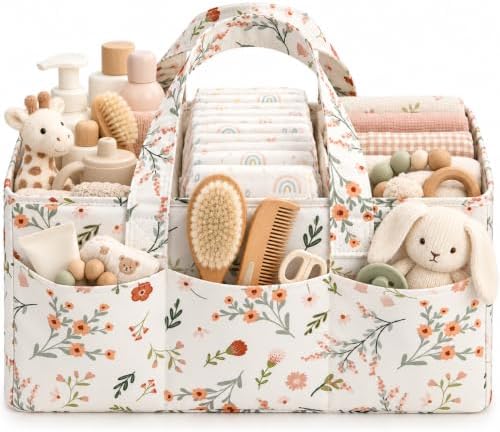 PeraBella Baby Diaper Caddy Organizer, Floral Baby Basket Shower Gift, Nursery Organizer Basket Newborn Boy & Girl Essential Items, Changing Table Organizer Caddy for Baby Stuff, Car Caddy- Wildflower by PeraBella