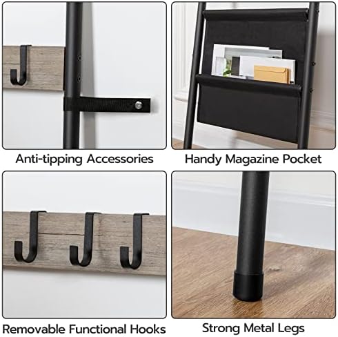 HOOBRO Blanket Ladder, 5 Tier Towel Rack, 17.3" L x 63" H, Wall-Leaning Blanket Rack for Living Room, Decorative Ladder with 4 Hooks and Magazine Pocket, Greige BG32CJ01 - Image 5